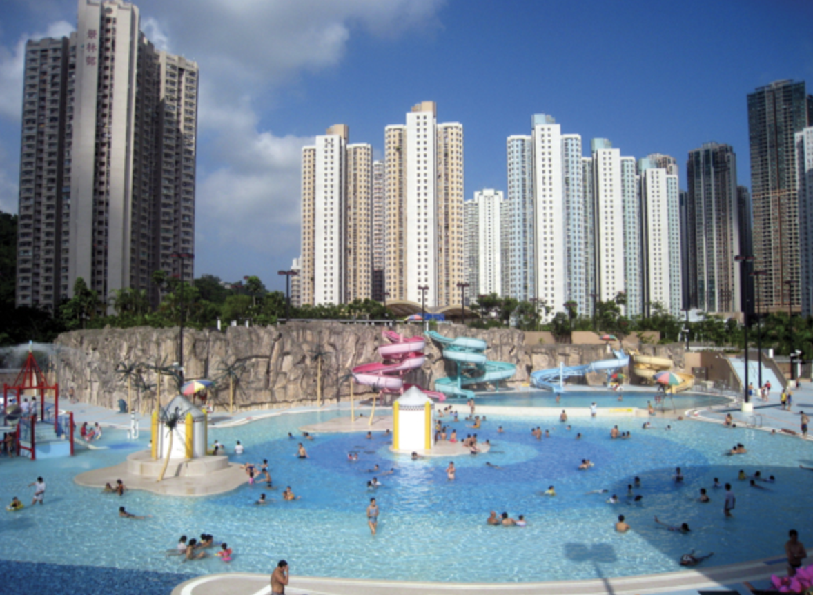 Tseung Kwan O Swimming Pool With Huge Slides And Waterpark In Hong Kong