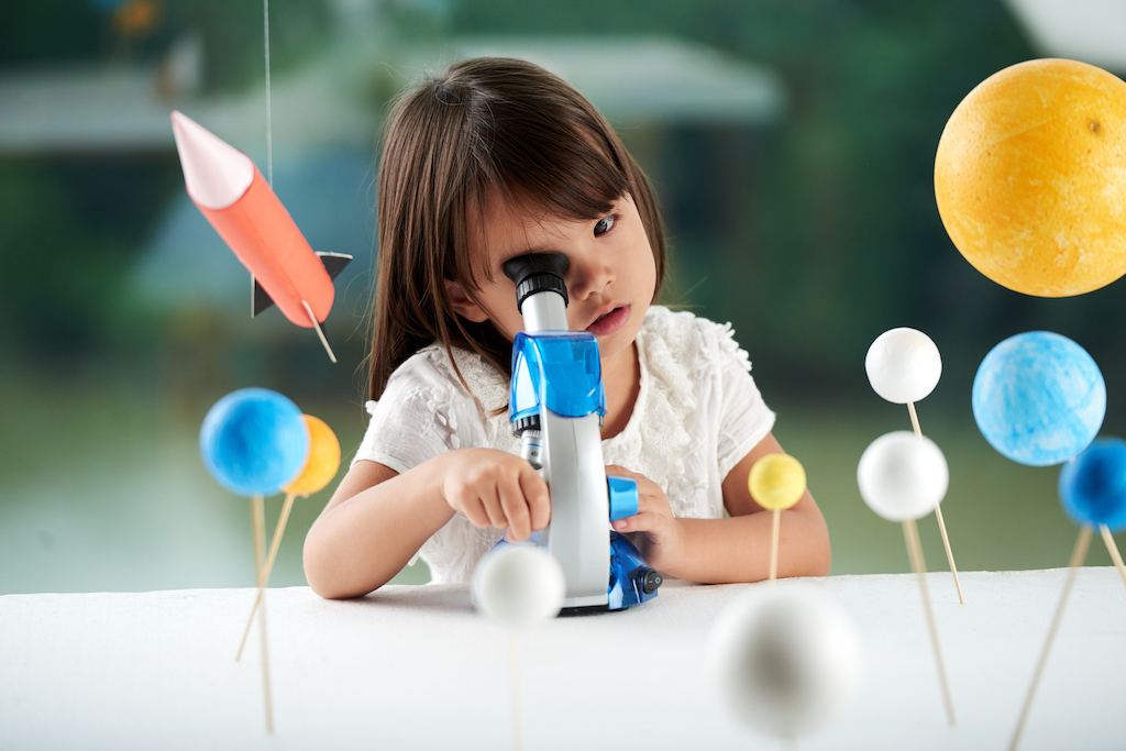 Child With Microscope Amazed Experiental Learning