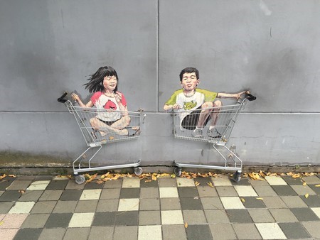 Places-To-Explore-Street-Art-In-Singapore-Children-In-Shopping-Trolleys